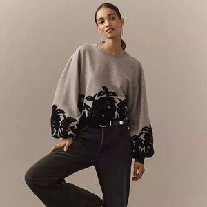 By Anthropologie Velvet Appliqué Sweatshirt Embroidered Balloon Sleeve Top M